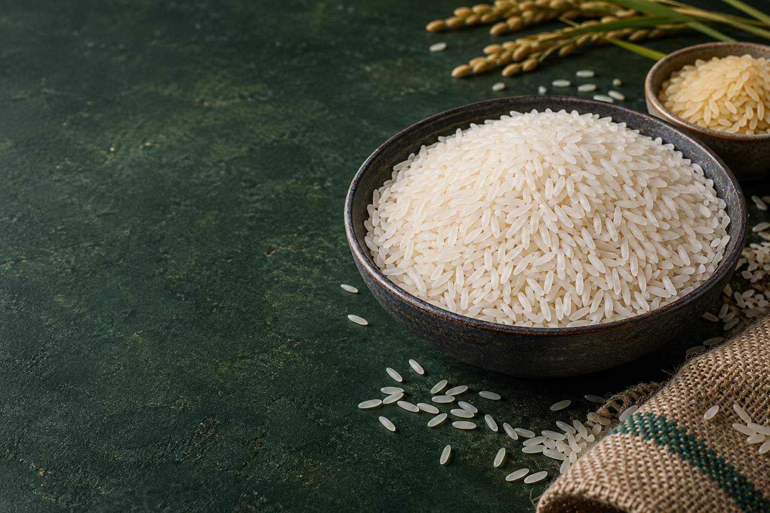 Illustrative uncooked white and parboiled rice in bowls